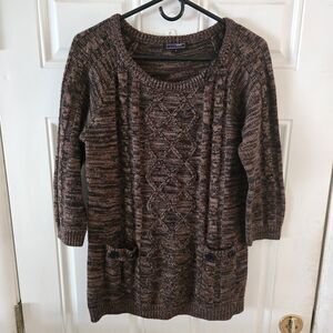 Effeci Large Brown Marled Cable Knit Tunic Sweater Cozy Cottagecore 3/4 Sleeve